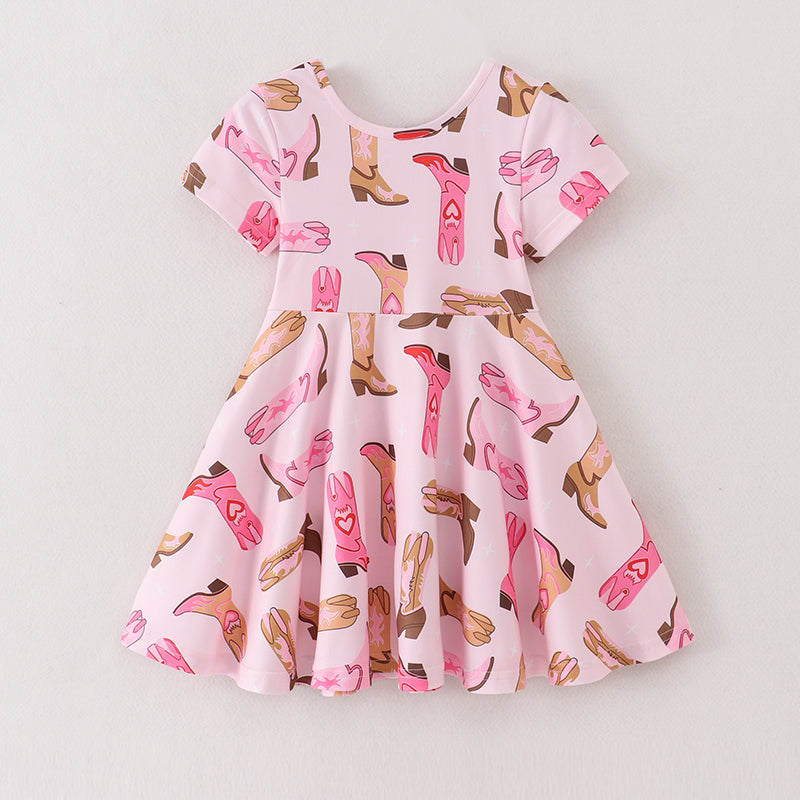 （In Stock A3-4-1）Girls Pink Boots Print Twirl Dress