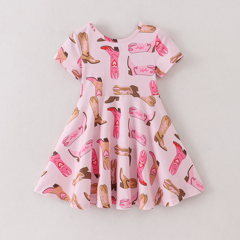 （In Stock A3-4-1）Girls Pink Boots Print Twirl Dress