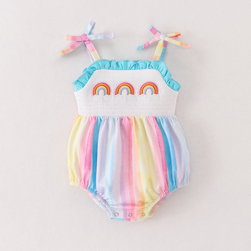 （In Stock A3-2-2）Girls Rainbow Embroidery Smocked Strap Romper