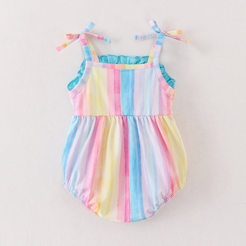 （In Stock A3-2-2）Girls Rainbow Embroidery Smocked Strap Romper