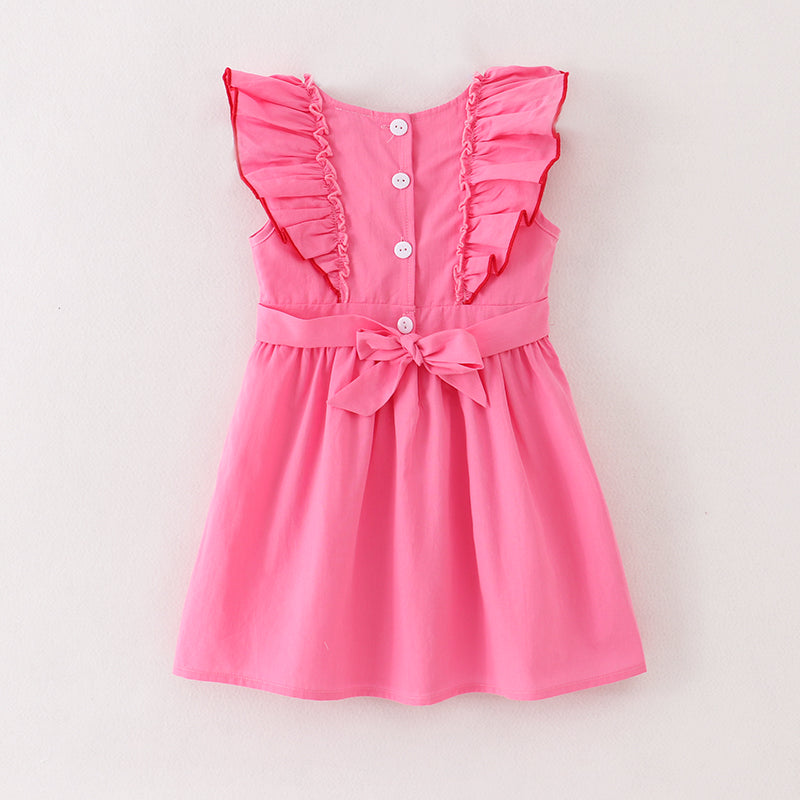 Girls Pink Strawberry Embroidery Belt Dress