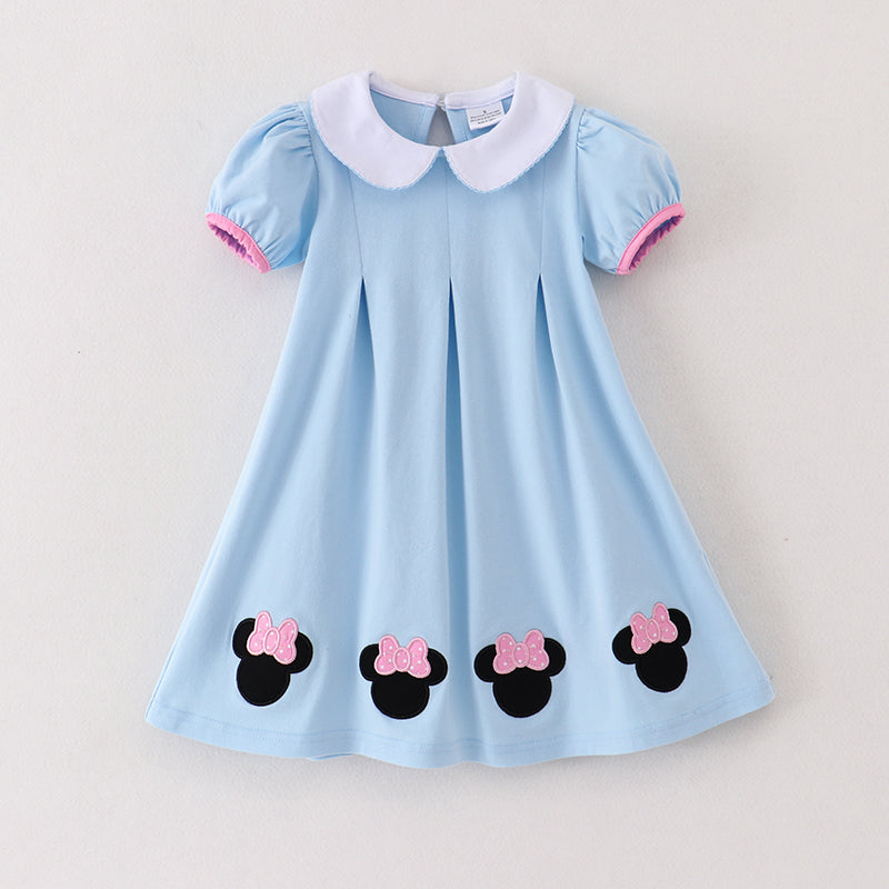 （In Stock A1-3-2）Girls Blue Minnie Embroidery Dress