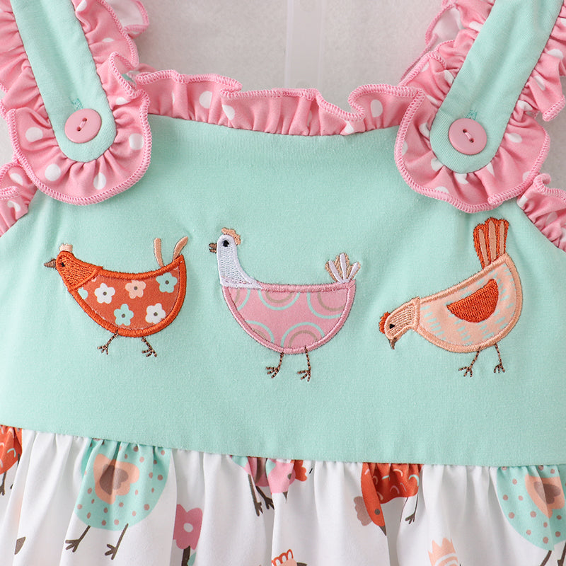 （In Stock A3-3-2）Girls Mint Coral Chicken Embroidery Shorts Set