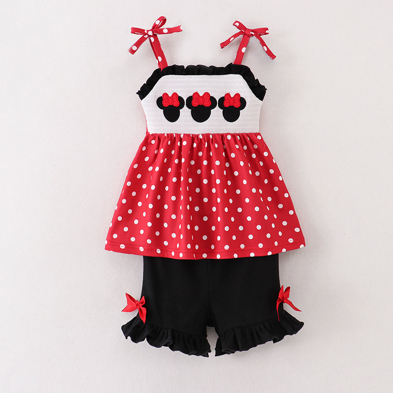 (In Stock A02-01-02)Girls Strap Polka Dot Minnie Embroidery Smocked Shorts Set