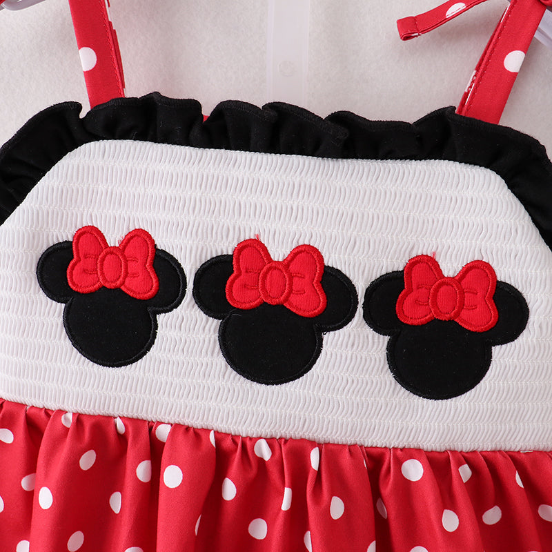 (In Stock A02-01-02)Girls Strap Polka Dot Minnie Embroidery Smocked Shorts Set