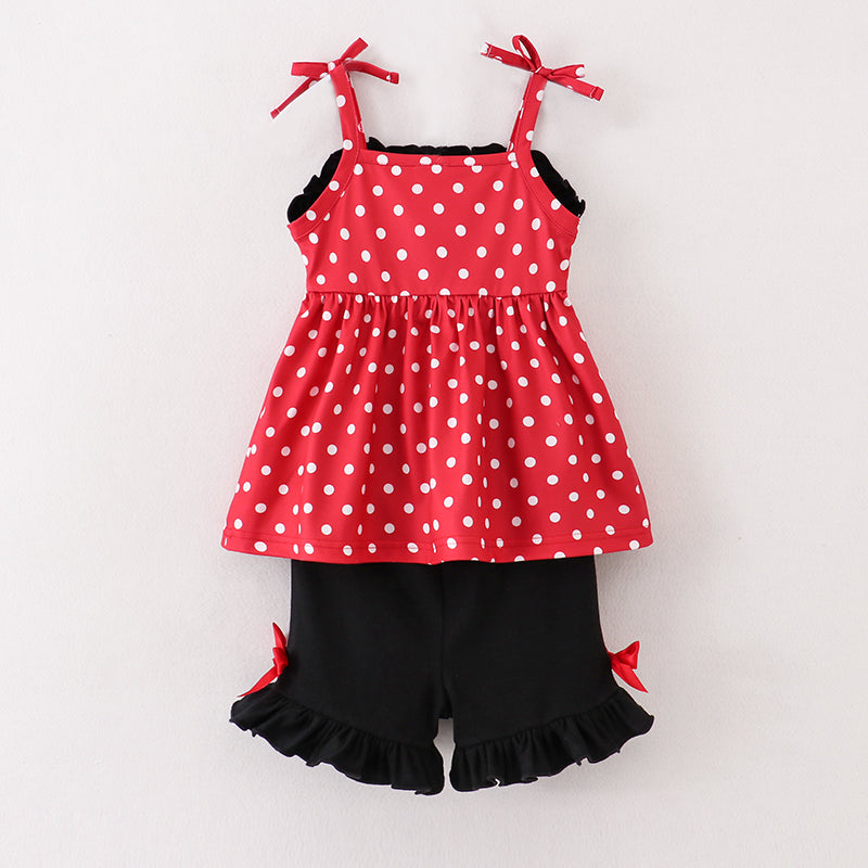 (In Stock A02-01-02)Girls Strap Polka Dot Minnie Embroidery Smocked Shorts Set