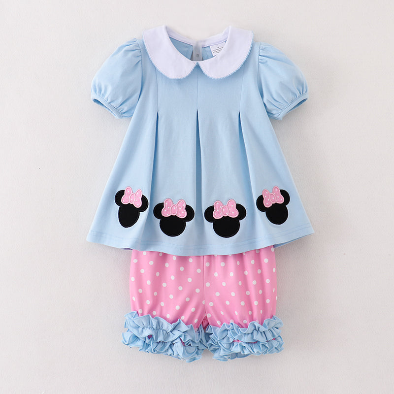 （In Stock A2-4-3）Girls Blue Minnie Embroidery Pink Shorts Set