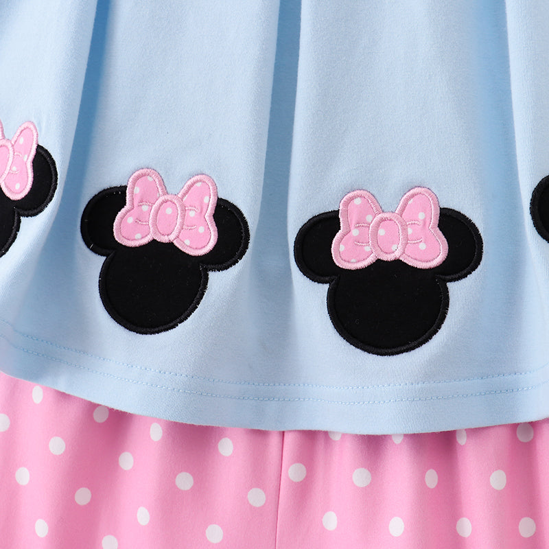 （In Stock A2-4-3）Girls Blue Minnie Embroidery Pink Shorts Set