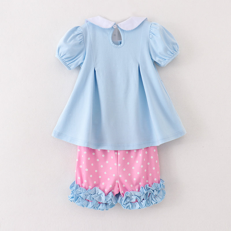 （In Stock A2-4-3）Girls Blue Minnie Embroidery Pink Shorts Set