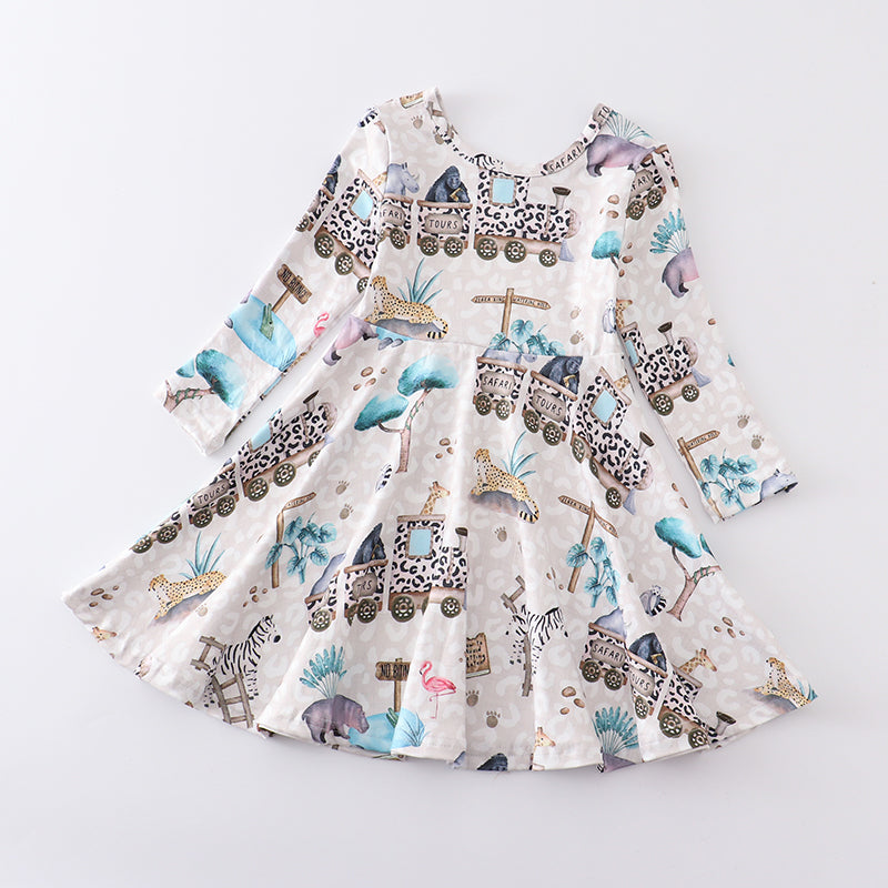 (In Stock E04-05-01)Girls Fall Animals Print Dress