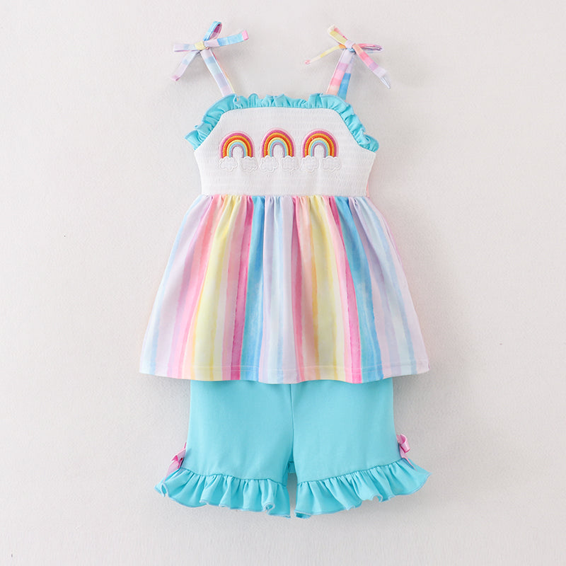 （In Stock）Girls Spring and Summer Rainbow Embroidery Smocked Shorts Set