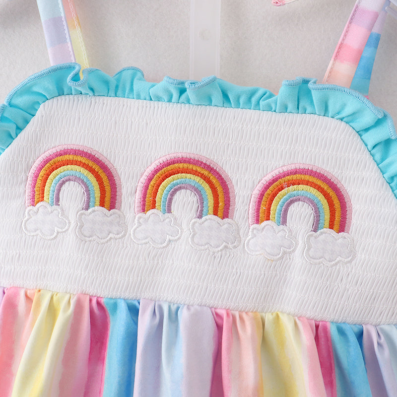 （In Stock）Girls Spring and Summer Rainbow Embroidery Smocked Shorts Set