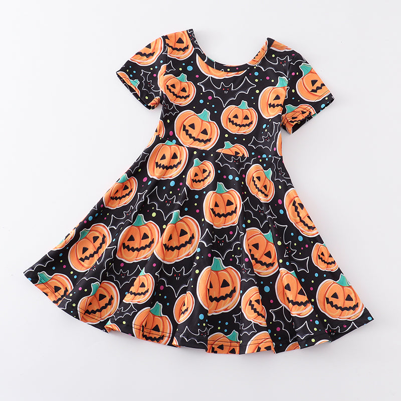 (In Stock E30-2-1)Girls Halloween Pumpkin Print Twirl Dress