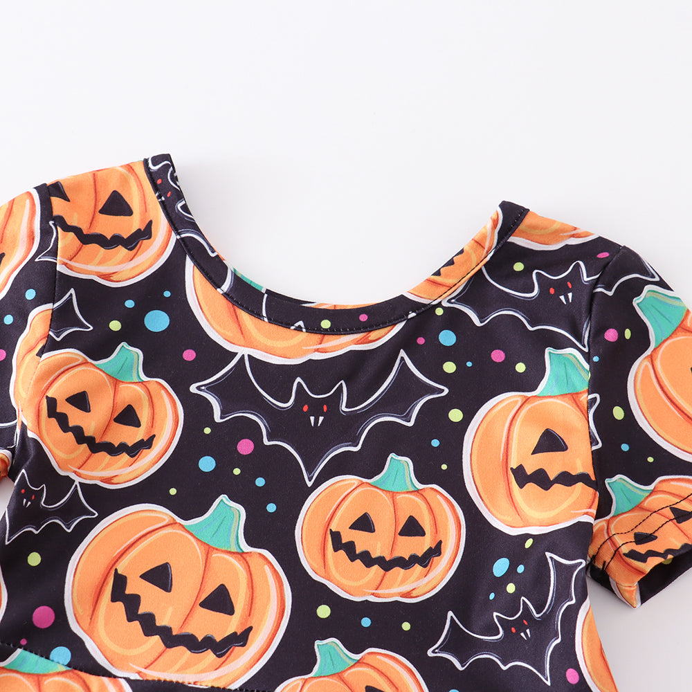 (In Stock E30-2-1)Girls Halloween Pumpkin Print Twirl Dress