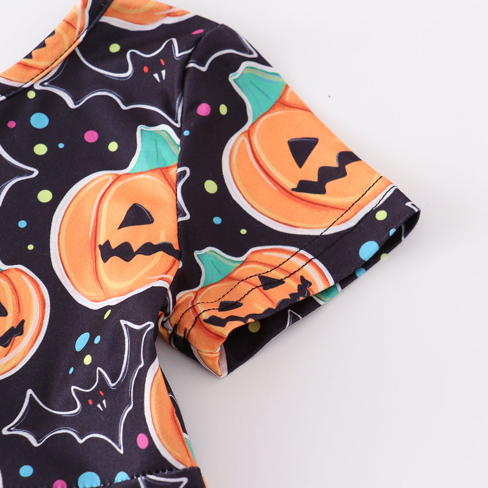 (In Stock E30-2-1)Girls Halloween Pumpkin Print Twirl Dress