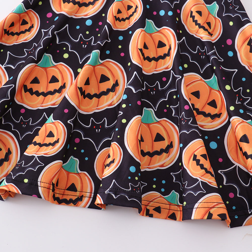 (In Stock E30-2-1)Girls Halloween Pumpkin Print Twirl Dress