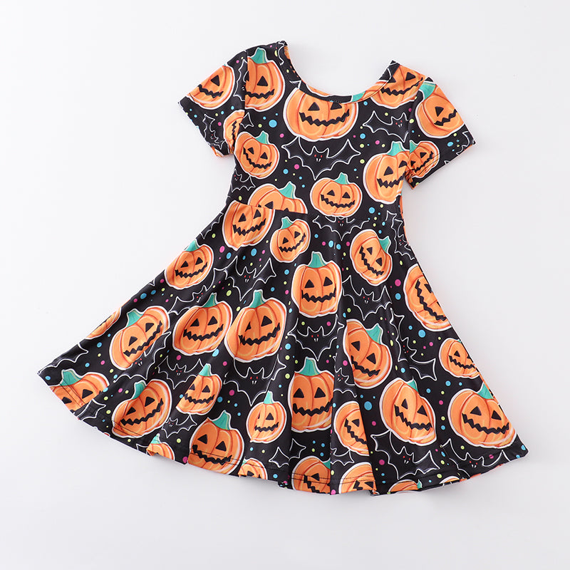 (In Stock E30-2-1)Girls Halloween Pumpkin Print Twirl Dress