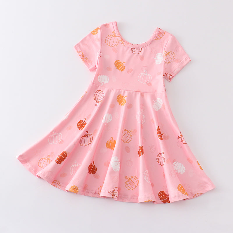 (In Stock E30-2-1) Girls Fall Halloween Pink Pumpkin Twirl Dress