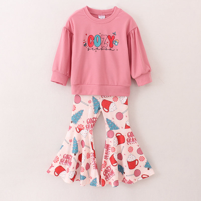 （In Stock E1-1-3）Girls Christmas COZY SEASON Print Outfit Set