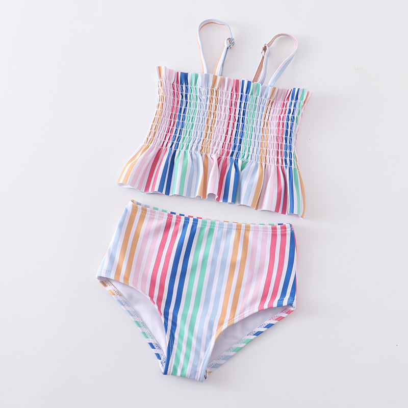 Girls Colorful Stripe Smocked 2 Piece Swimsuits