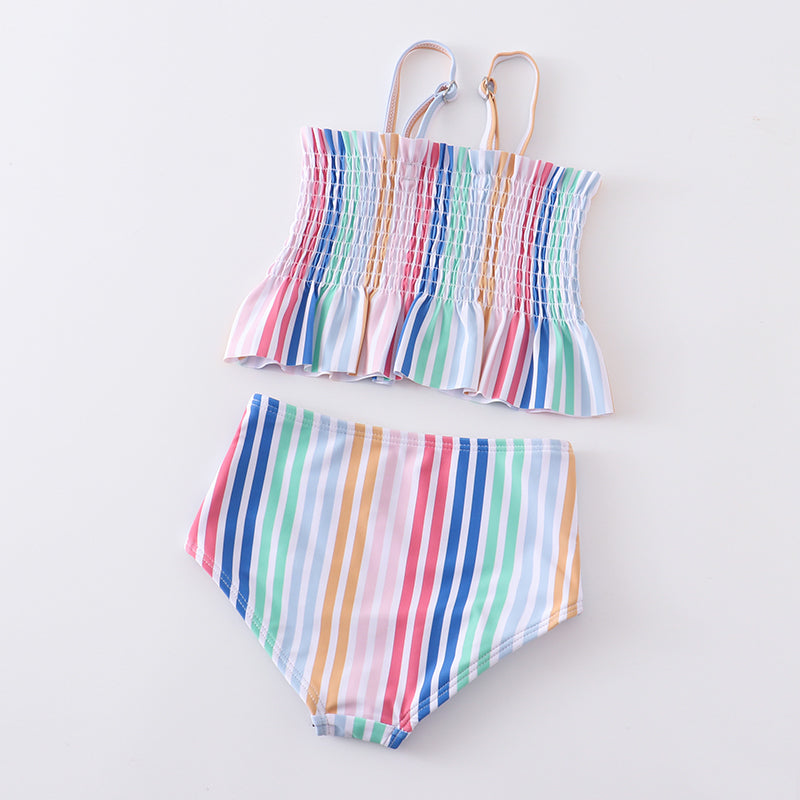 Girls Colorful Stripe Smocked 2 Piece Swimsuits