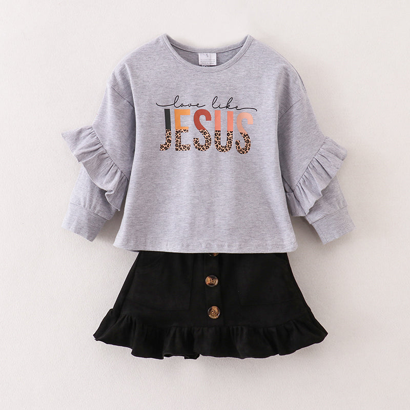 （In Stock E25-3-1）Fall Girls Grey Top Goat Suede Skirt Set