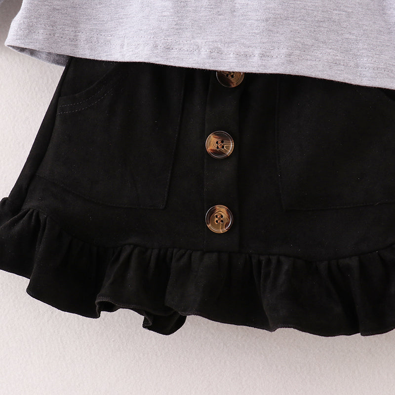 （In Stock E25-3-1）Fall Girls Grey Top Goat Suede Skirt Set