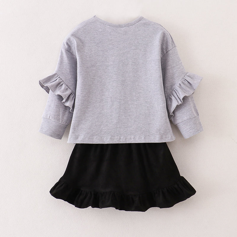 （In Stock E25-3-1）Fall Girls Grey Top Goat Suede Skirt Set