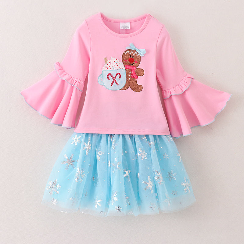 （In Stock G33-1-2）Girls Christmas Gingerbread Man Applique Dress Set