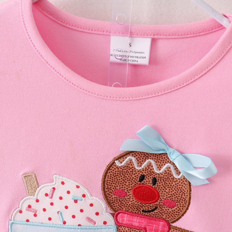 （In Stock G33-1-2）Girls Christmas Gingerbread Man Applique Dress Set