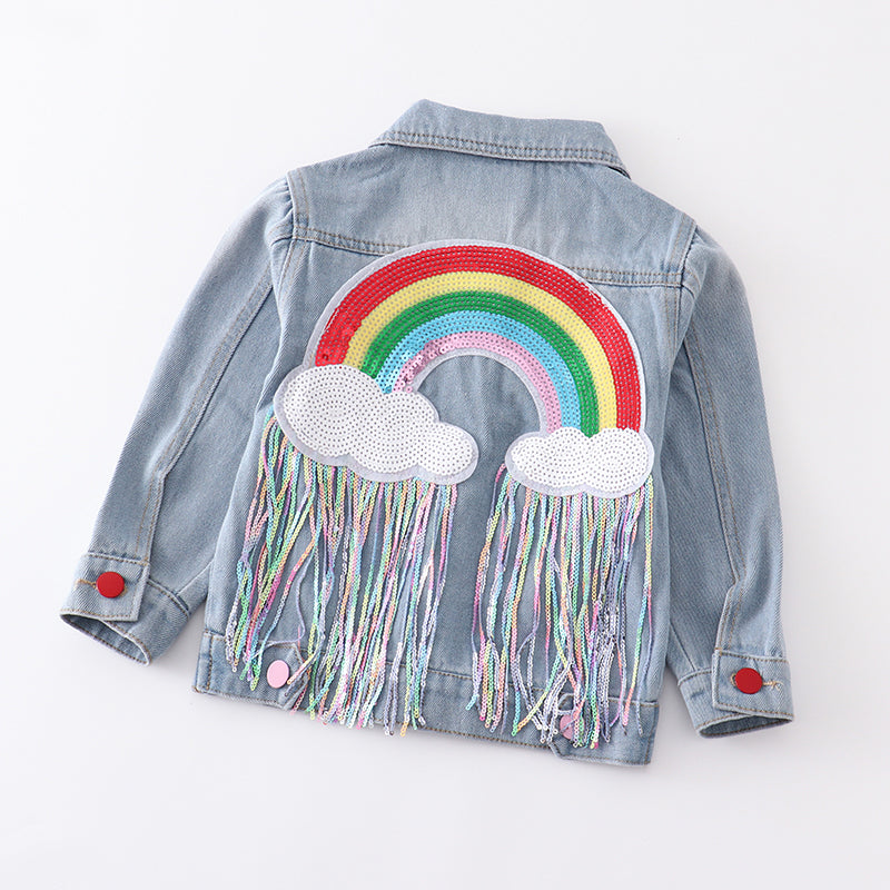 (In Stock E28-3-1)Girls Rainbow Sequin Denim Jacket