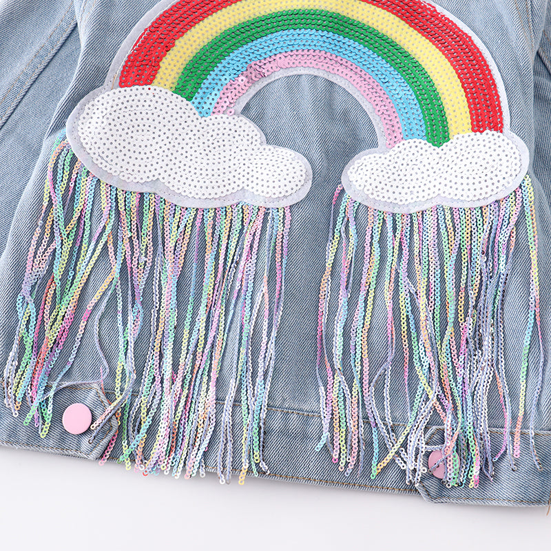 (In Stock E28-3-1)Girls Rainbow Sequin Denim Jacket