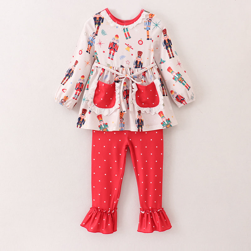 （In Stock E1-2-1）Girls Christmas Nutcracker Print Outfit Set