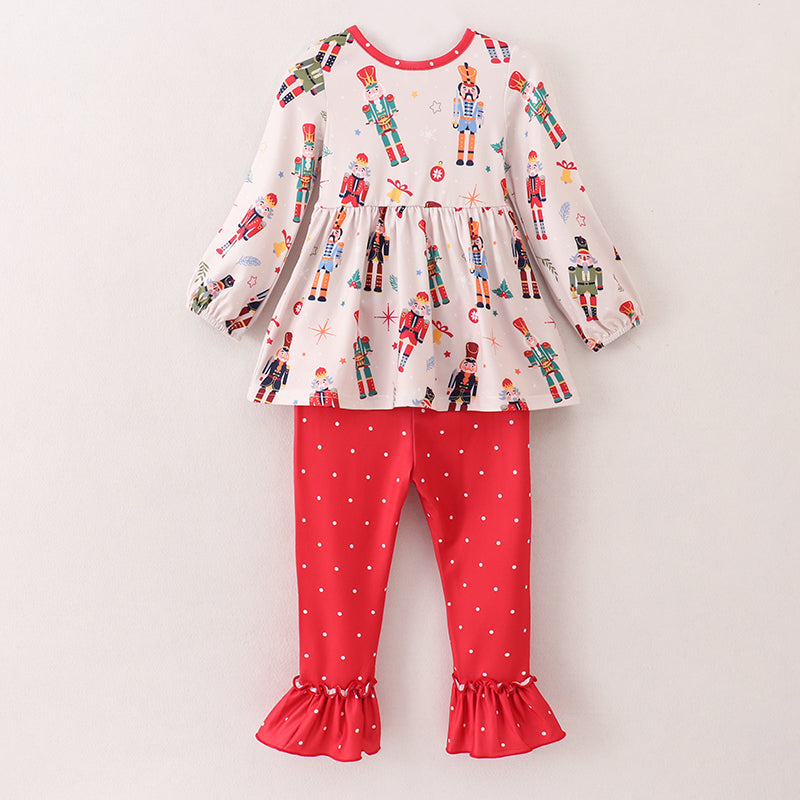 （In Stock E1-2-1）Girls Christmas Nutcracker Print Outfit Set