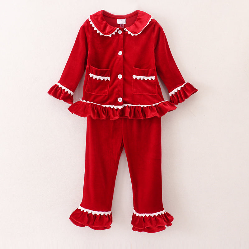 （In Stock E1-1-1）Girls Christmas Red Velvet Pajamas