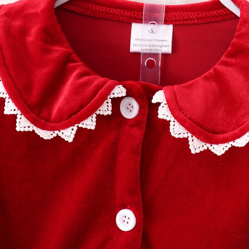 （In Stock E1-1-1）Girls Christmas Red Velvet Pajamas