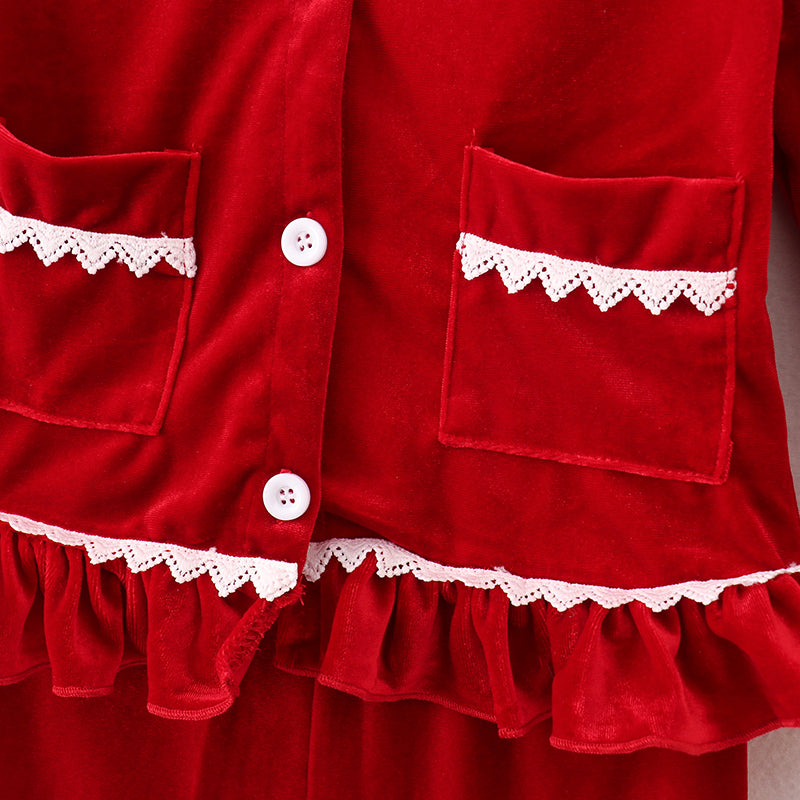 （In Stock E1-1-1）Girls Christmas Red Velvet Pajamas