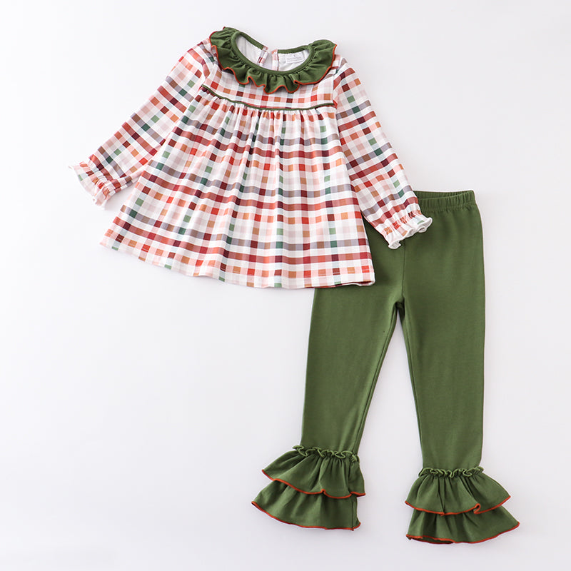 (In Stock L34-02-02)Girls Fall Winter Plaid Olive Green Pants Set