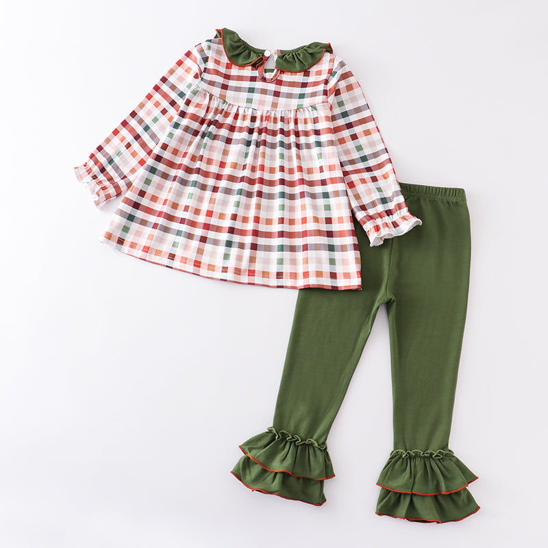 (In Stock L34-02-02)Girls Fall Winter Plaid Olive Green Pants Set