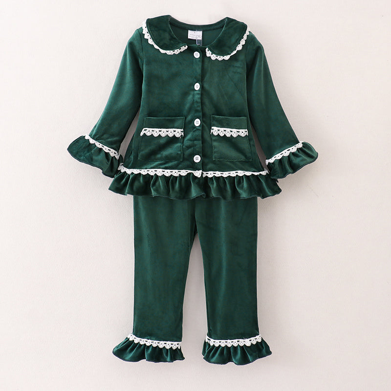 （In Stock G33-3-2）Girls Christmas Green Velvet Pajama