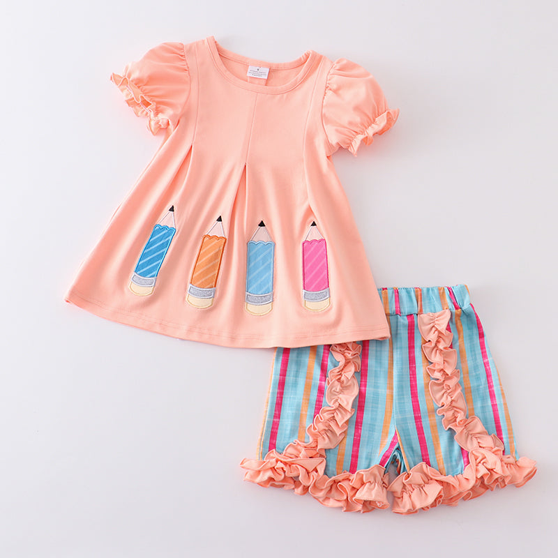 (In Stock E29-01-02)Girls Pencil Embroidery Coral Stripe Shorts Set