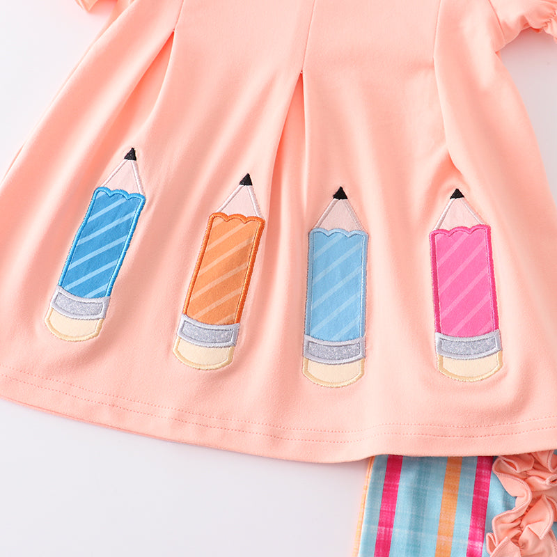 (In Stock E29-01-02)Girls Pencil Embroidery Coral Stripe Shorts Set