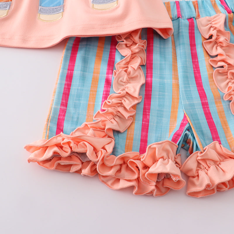 (In Stock E29-01-02)Girls Pencil Embroidery Coral Stripe Shorts Set