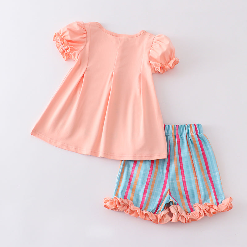 (In Stock E29-01-02)Girls Pencil Embroidery Coral Stripe Shorts Set