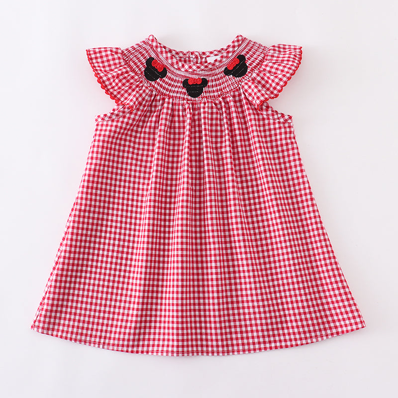 (In Stock L08-03-01)Girls Woven Gingham Minnie Embroidered Smocked Dress