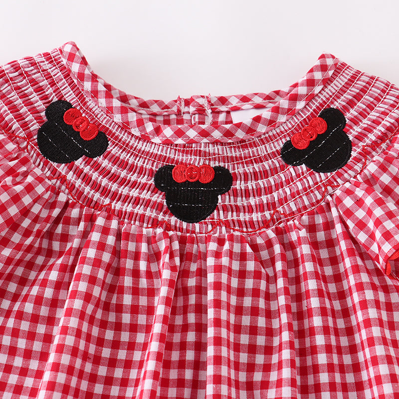 (In Stock L08-03-01)Girls Woven Gingham Minnie Embroidered Smocked Dress