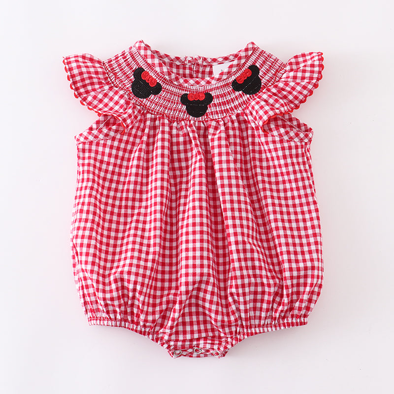 (In Stock Q09-01-01)Girls' Woven Gingham Minnie Embroidered Smocked Romper