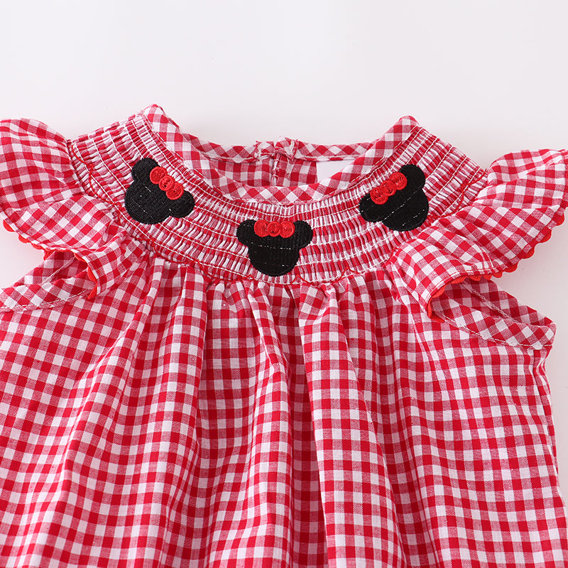 (In Stock Q09-01-01)Girls' Woven Gingham Minnie Embroidered Smocked Romper