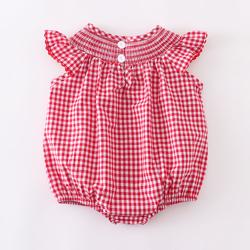 (In Stock Q09-01-01)Girls' Woven Gingham Minnie Embroidered Smocked Romper