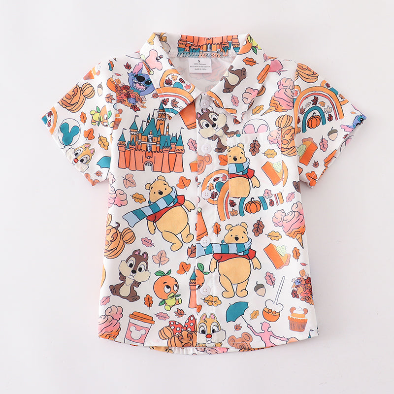 (In Stock Q09-05-02)Boy's Halloween Fall Cartoon Pumpkin Print Button T-shirt